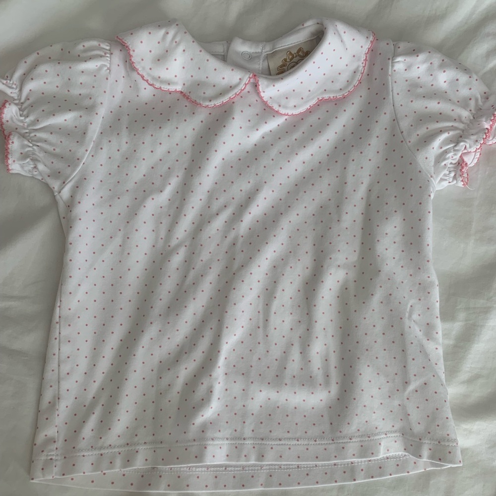 TBBC Maude’s Short Sleeve Pima Cotton, White with Hot Pink Micro Dots -3T